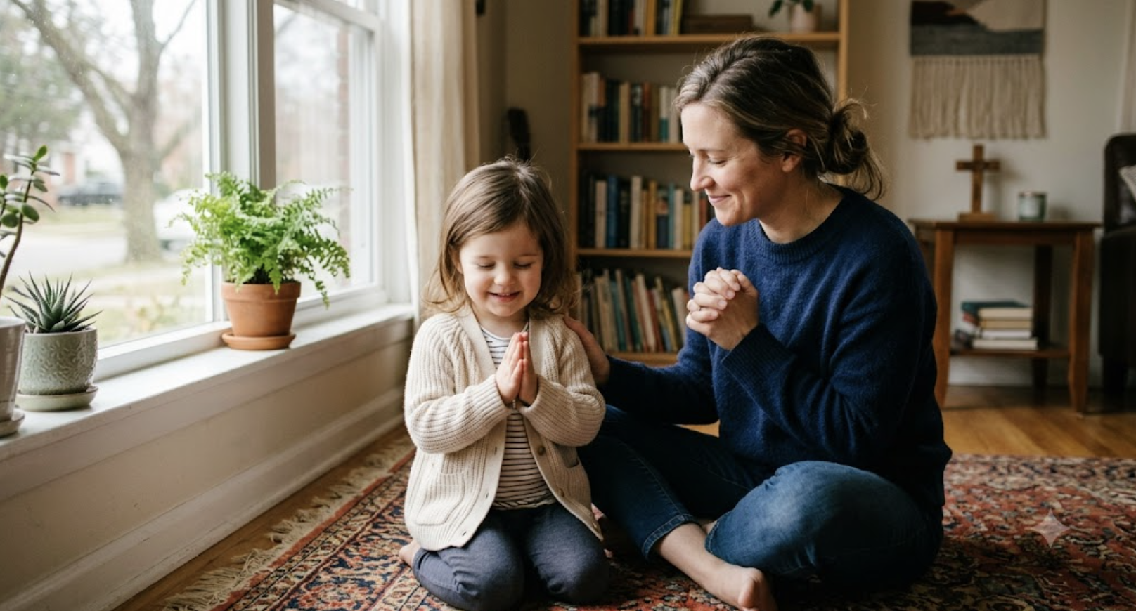 Madre e hija orando juntas en un ambiente cálido y hogareño — música religiosa infantil personalizada, Melodi.