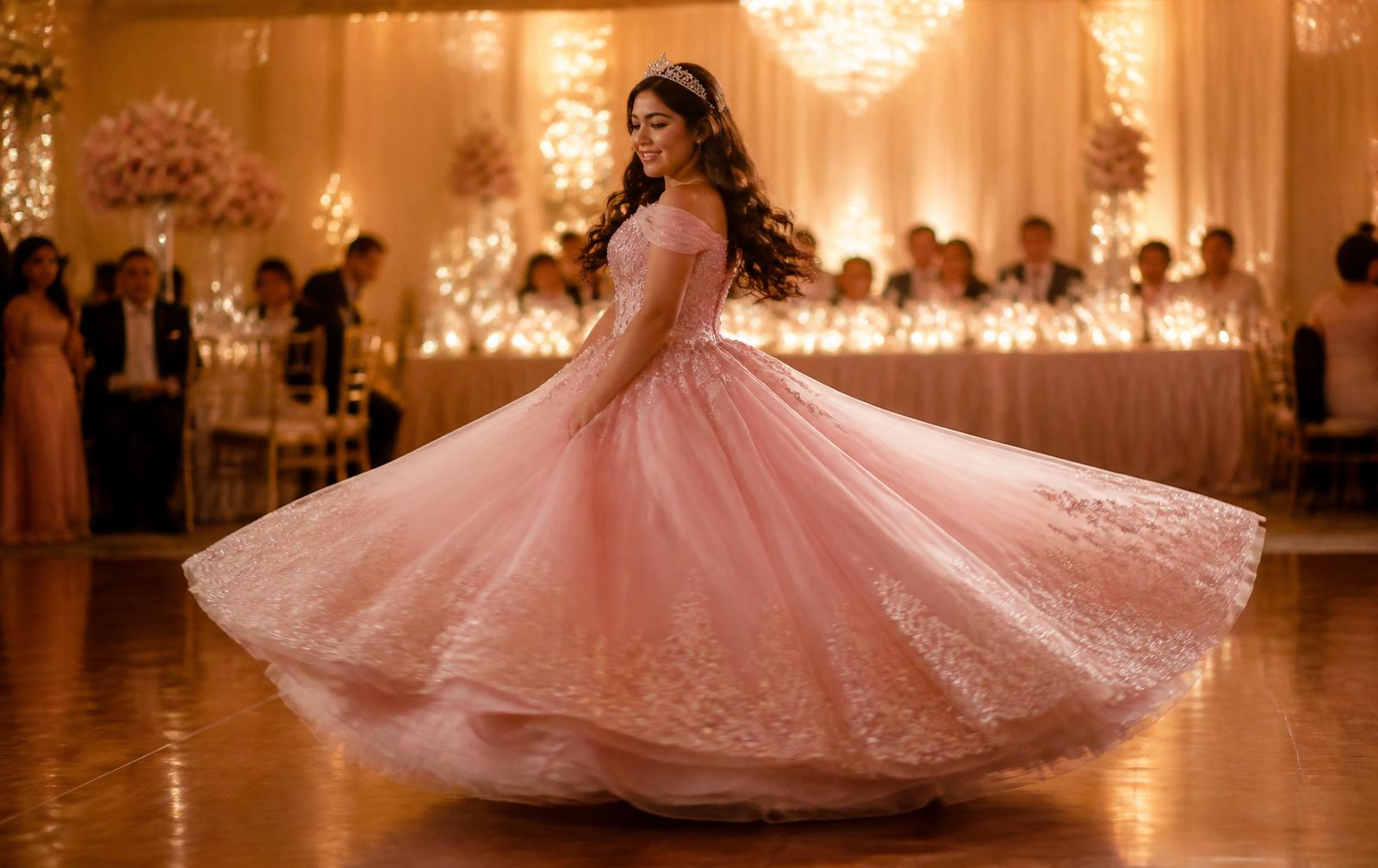 Quinceañera con vestido rosa celebrando su gran noche — canciones personalizadas para XV años, Melodi.