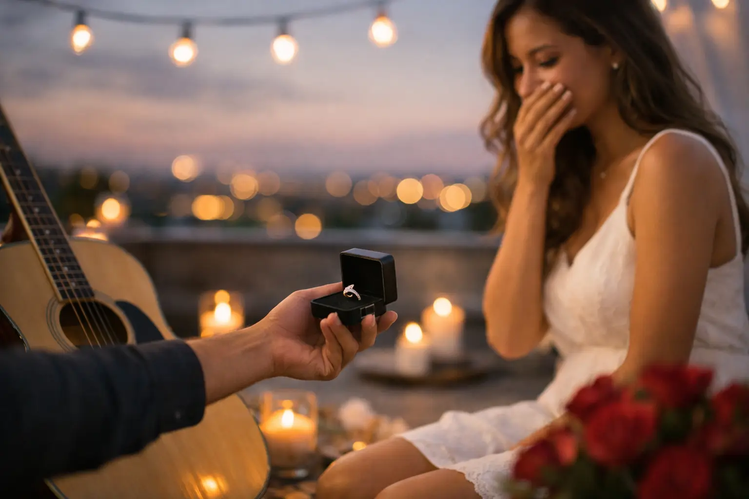 Propuesta de matrimonio con guitarra, anillo y velas al atardecer mientras ella se emociona — canción para propuesta de matrimonio