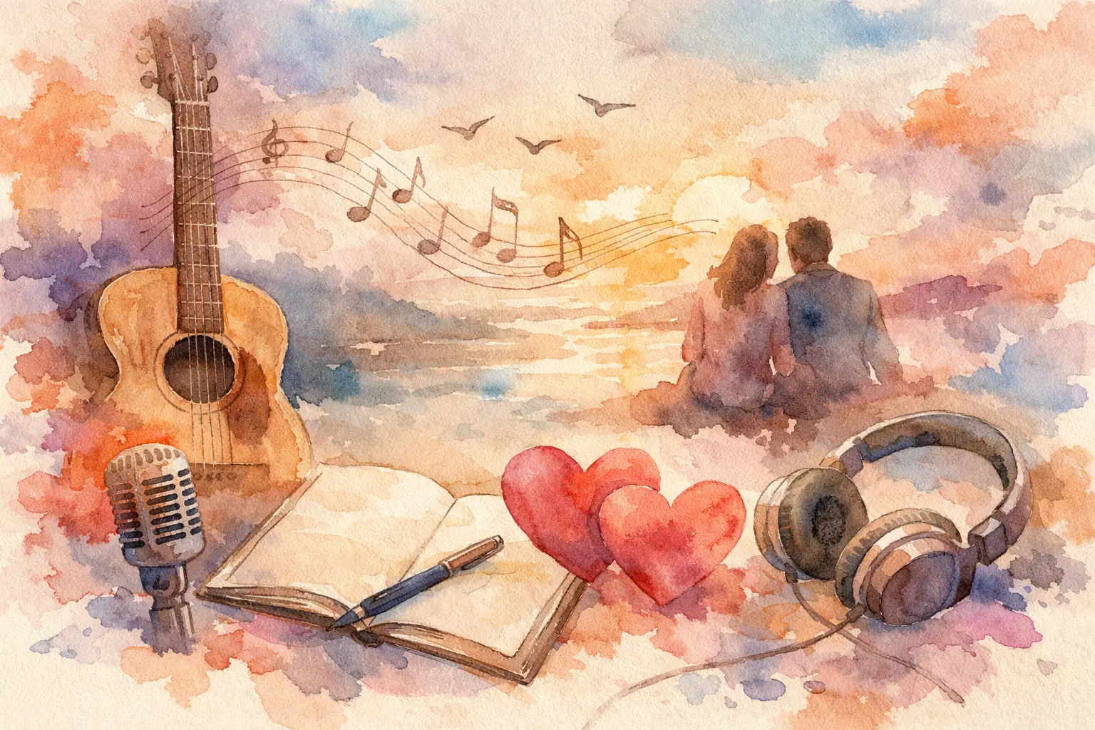 Cómo crear una canción personalizada inolvidable — guitarra, cuaderno, corazones y pareja al atardecer en acuarela
