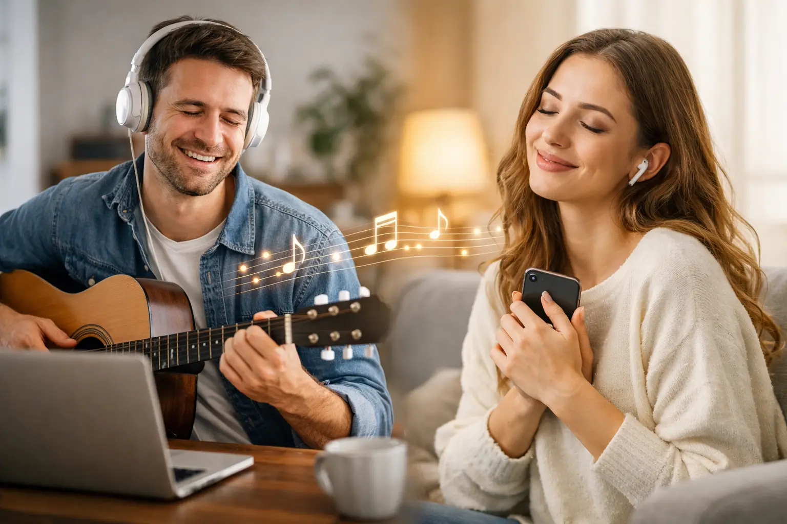 Hombre tocando la guitarra y mujer escuchando con audífonos una canción personalizada a distancia