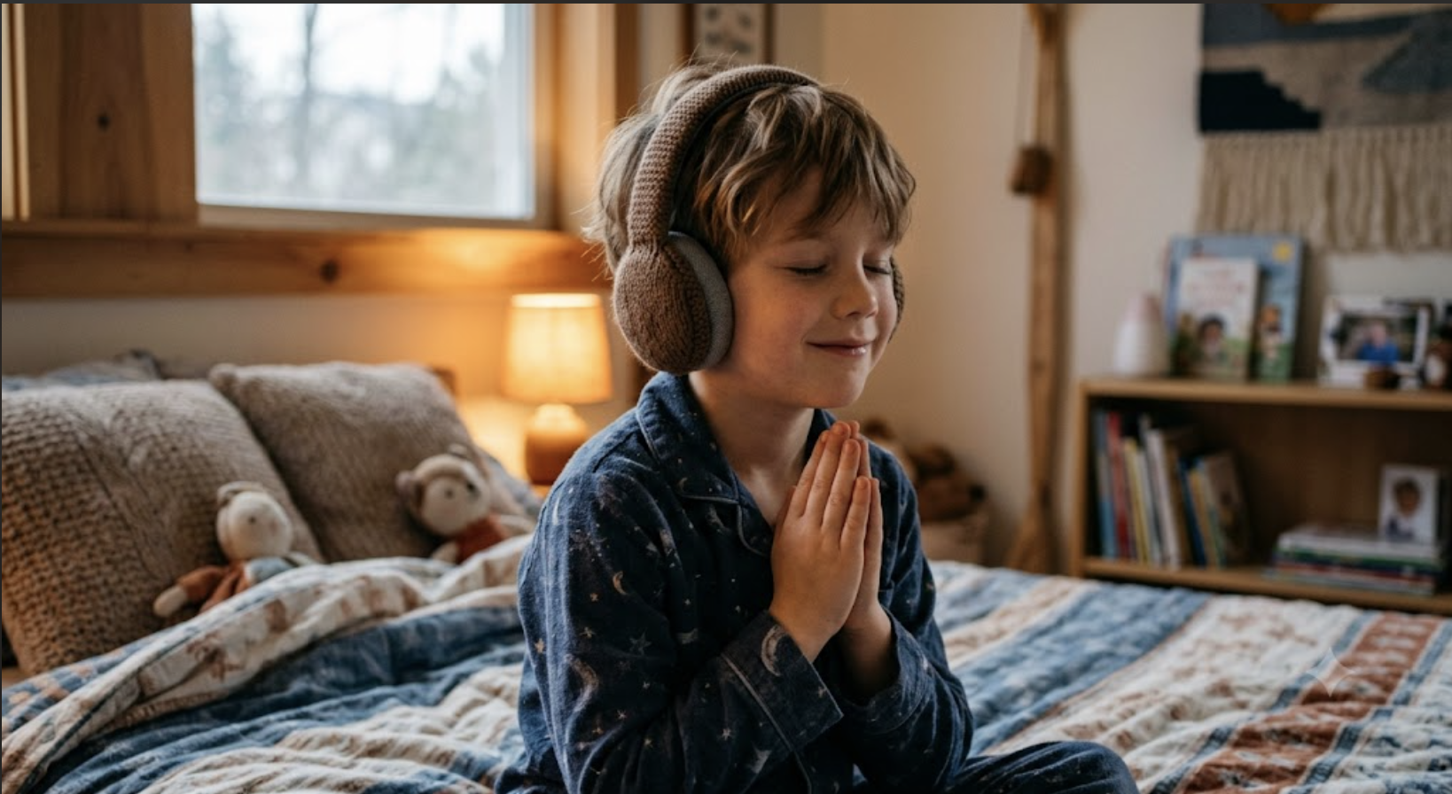 Niño pequeño con manos juntas y expresión de paz escuchando música religiosa personalizada con auriculares.
