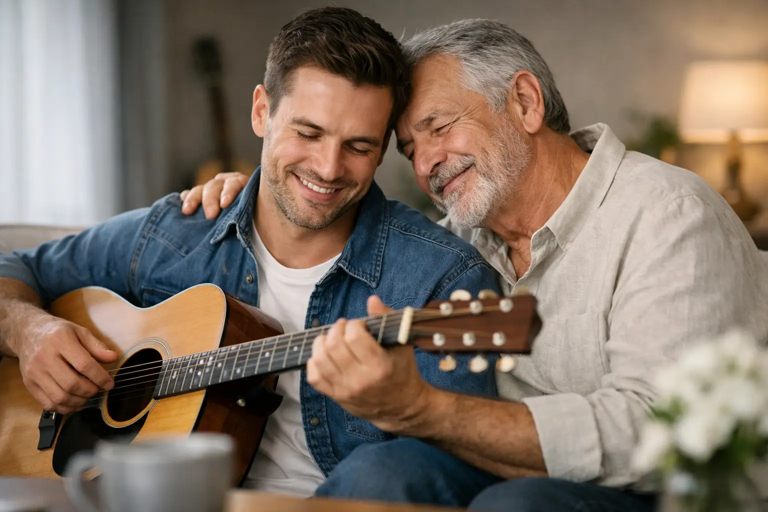 Padre e hijo abrazados mientras tocan la guitarra, representando un homenaje musical lleno de sentimiento