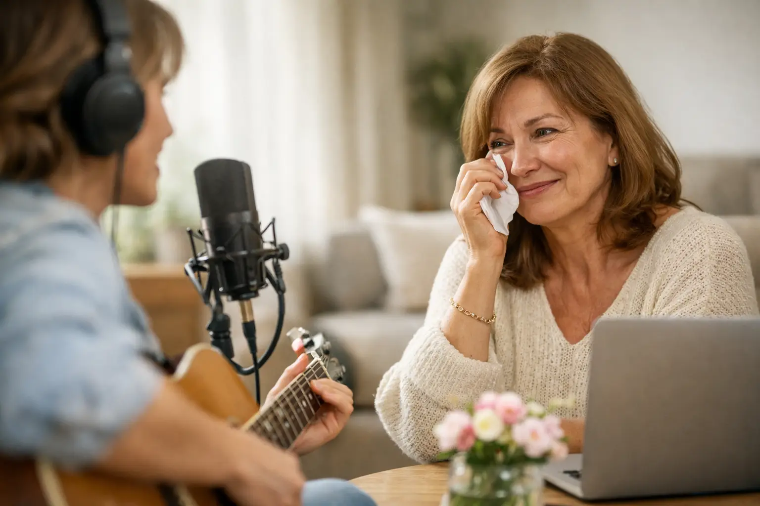 Mamá secándose una lágrima mientras escucha una canción personalizada para mamá interpretada con guitarra en la sala de su casa