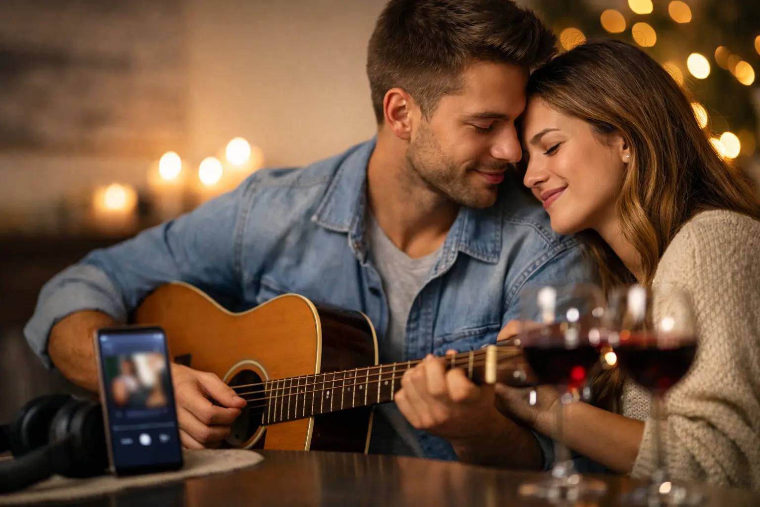 Pareja escuchando su canción de aniversario mientras él toca la guitarra entre velas y copas de vino