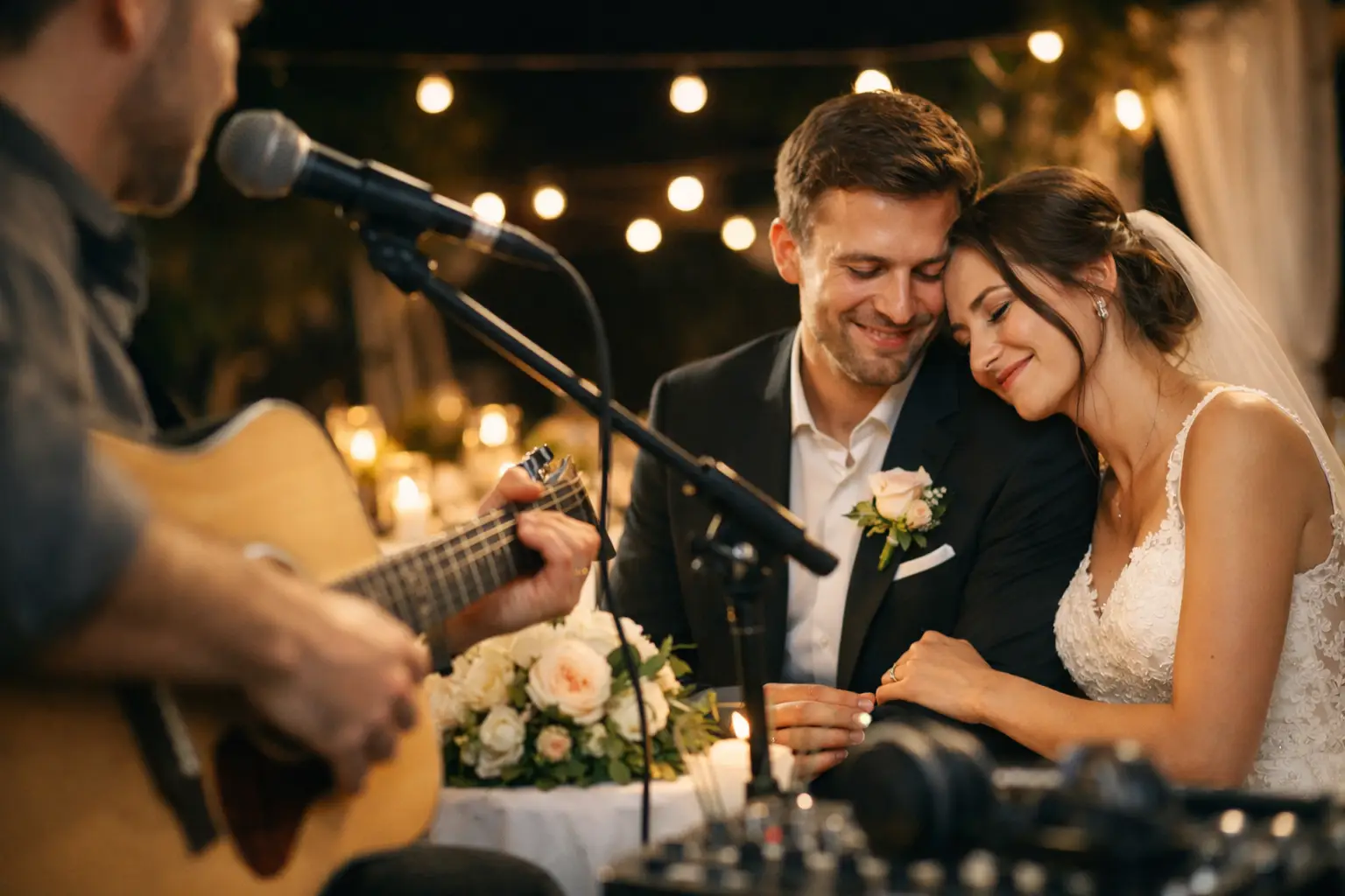 Novios emocionados escuchando su canción personalizada de boda interpretada en vivo con guitarra durante la recepción
