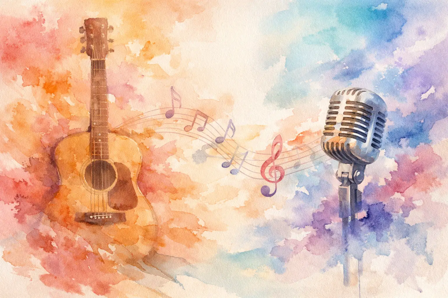 Guitarra acústica y micrófono vintage rodeados de notas musicales en acuarela — canciones personalizadas a medida hechas con historia real