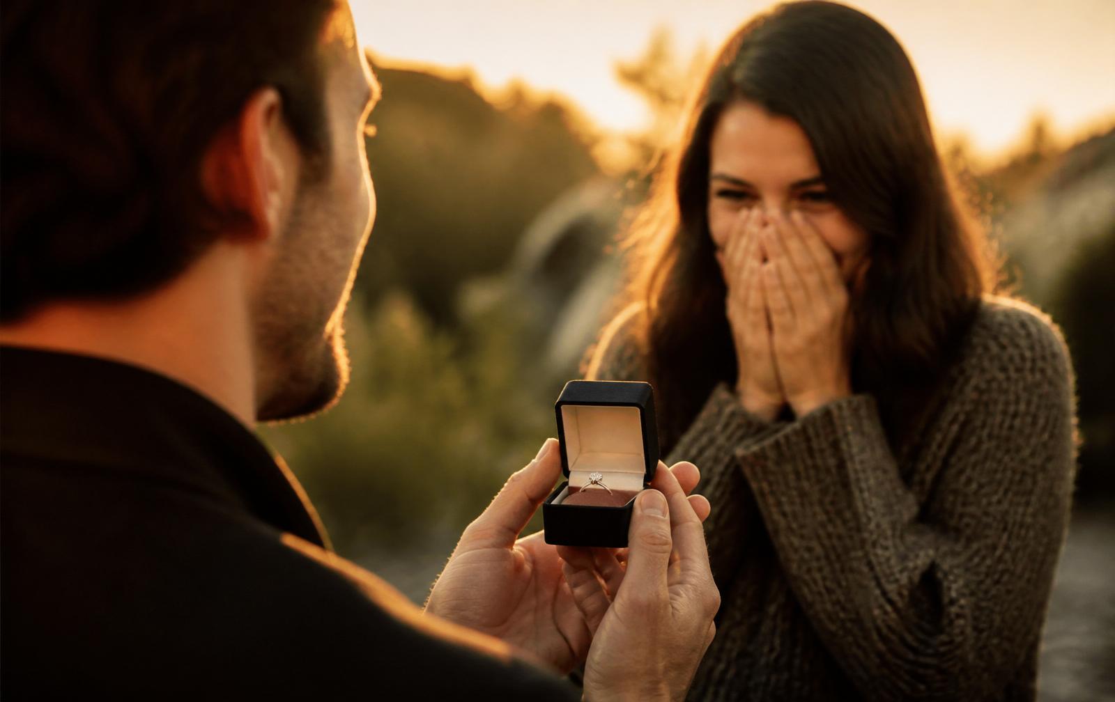 Hombre arrodillado sosteniendo un anillo de compromiso mientras ella cubre su sonrisa emocionada al atardecer — canciones personalizadas para pedida de mano, Melodi.