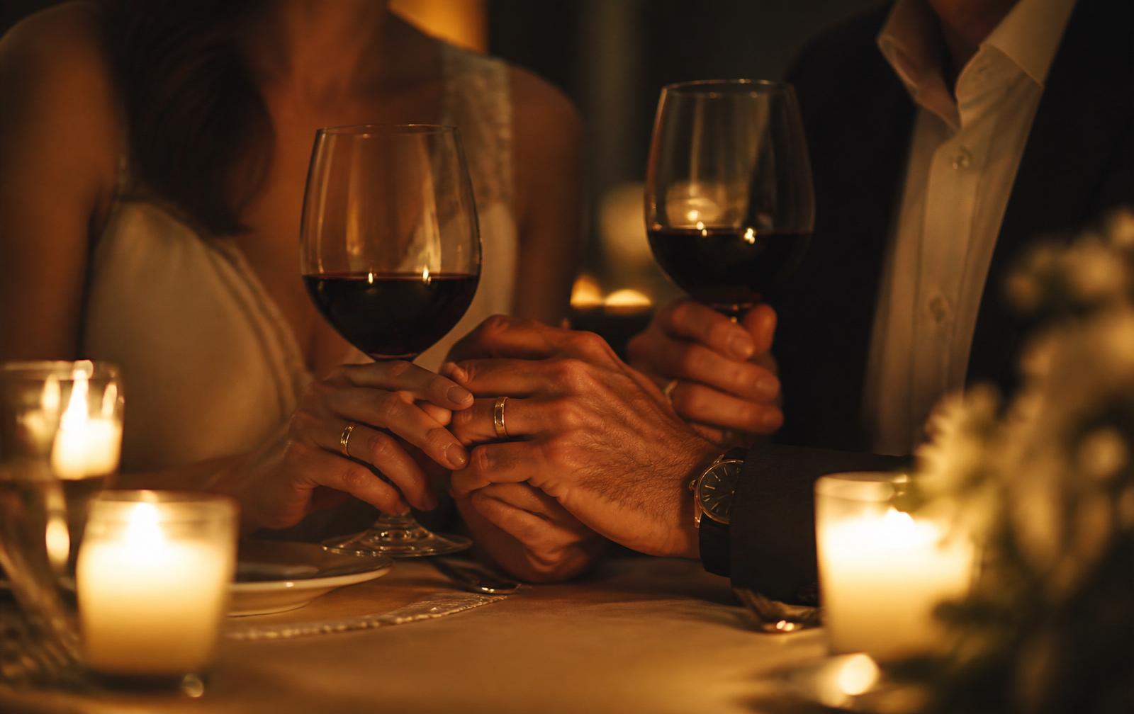 Pareja tomada de la mano brindando con copas de vino a la luz de las velas — canciones personalizadas para aniversarios, Melodi.