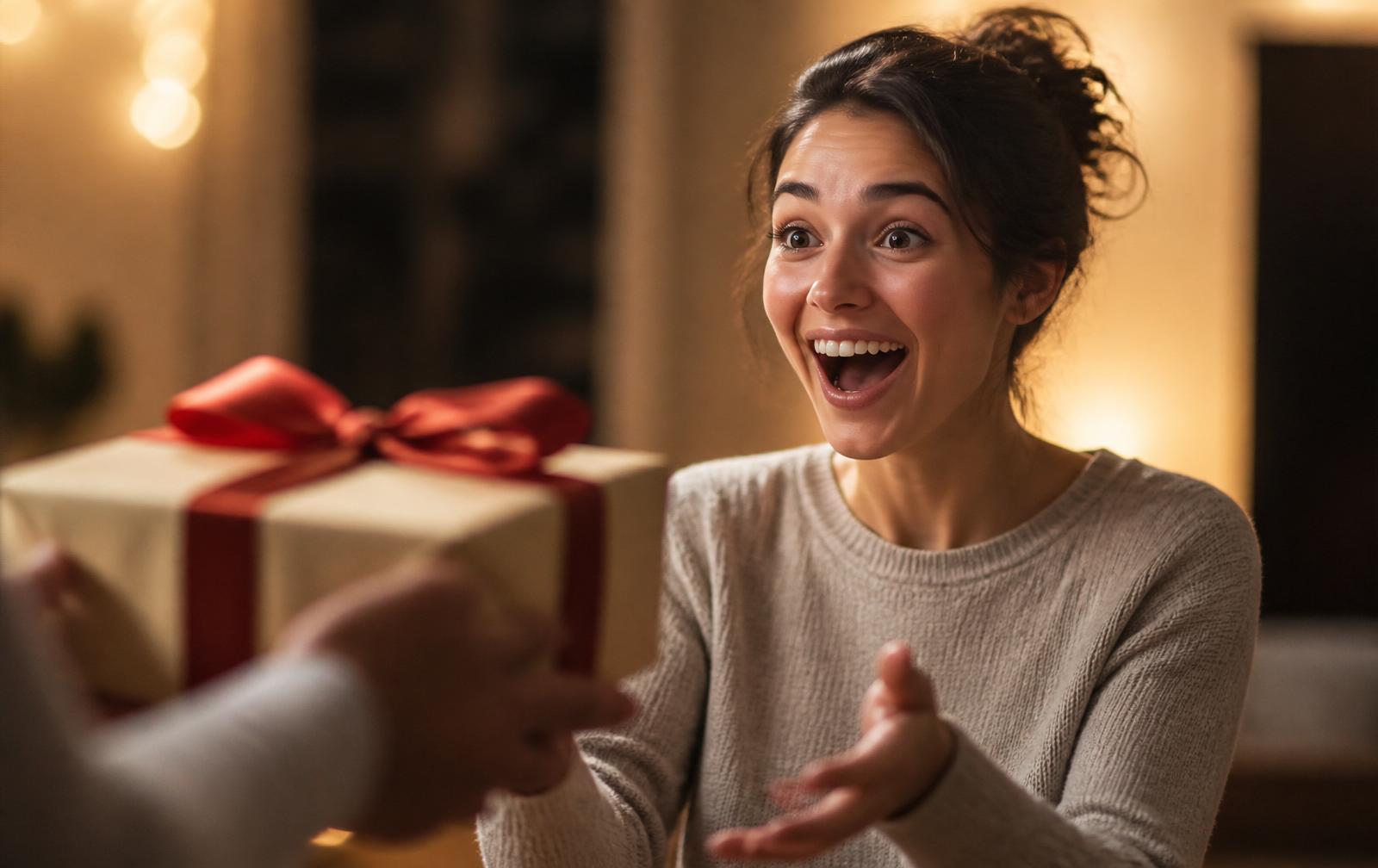 Mujer sorprendida y feliz al recibir un regalo envuelto con moño rojo en un ambiente cálido — canción personalizada como regalo sorpresa, Melodi.