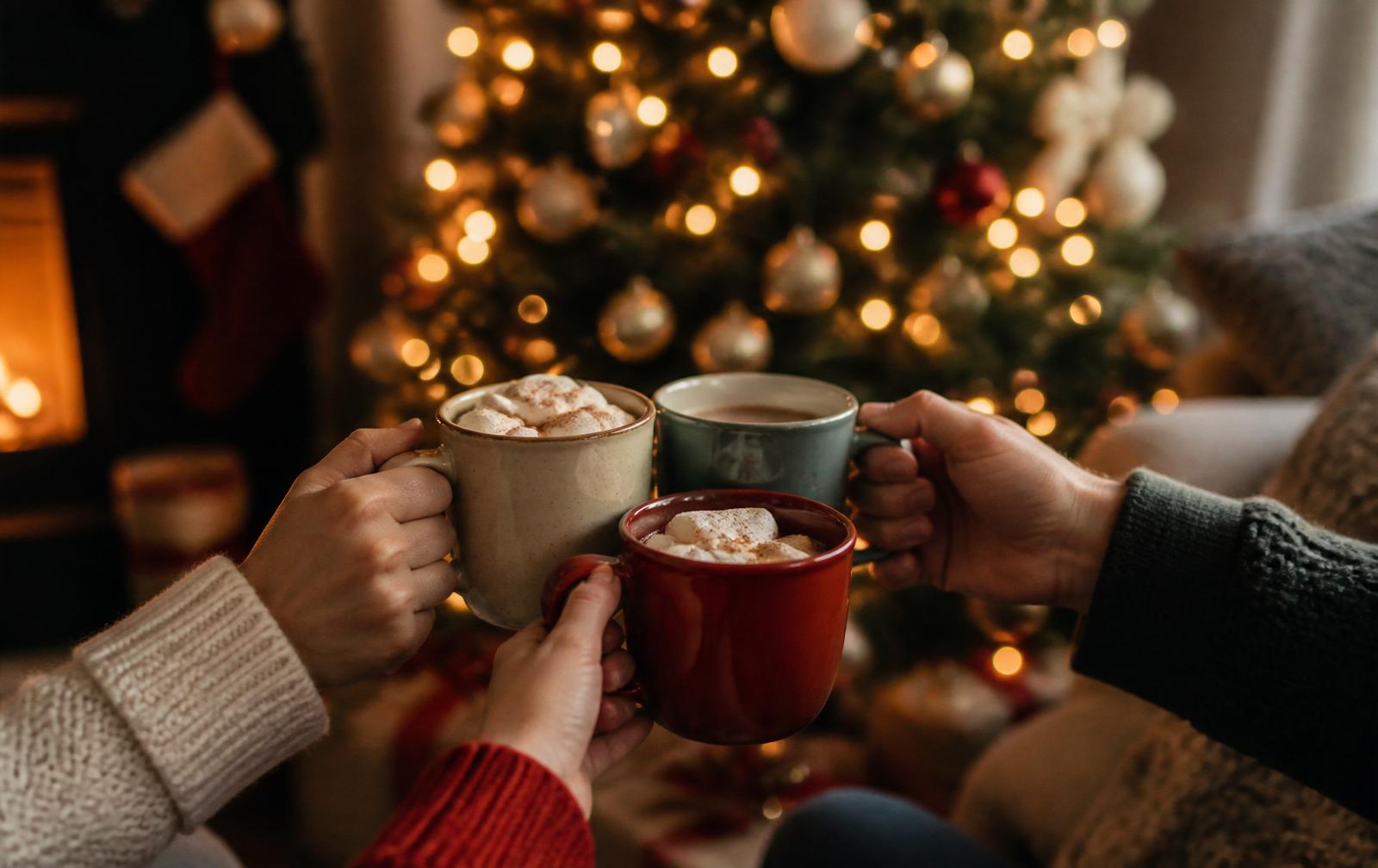 Manos brindando con tazas de chocolate caliente frente a un árbol de Navidad con luces cálidas — canción personalizada de Navidad, Melodi.