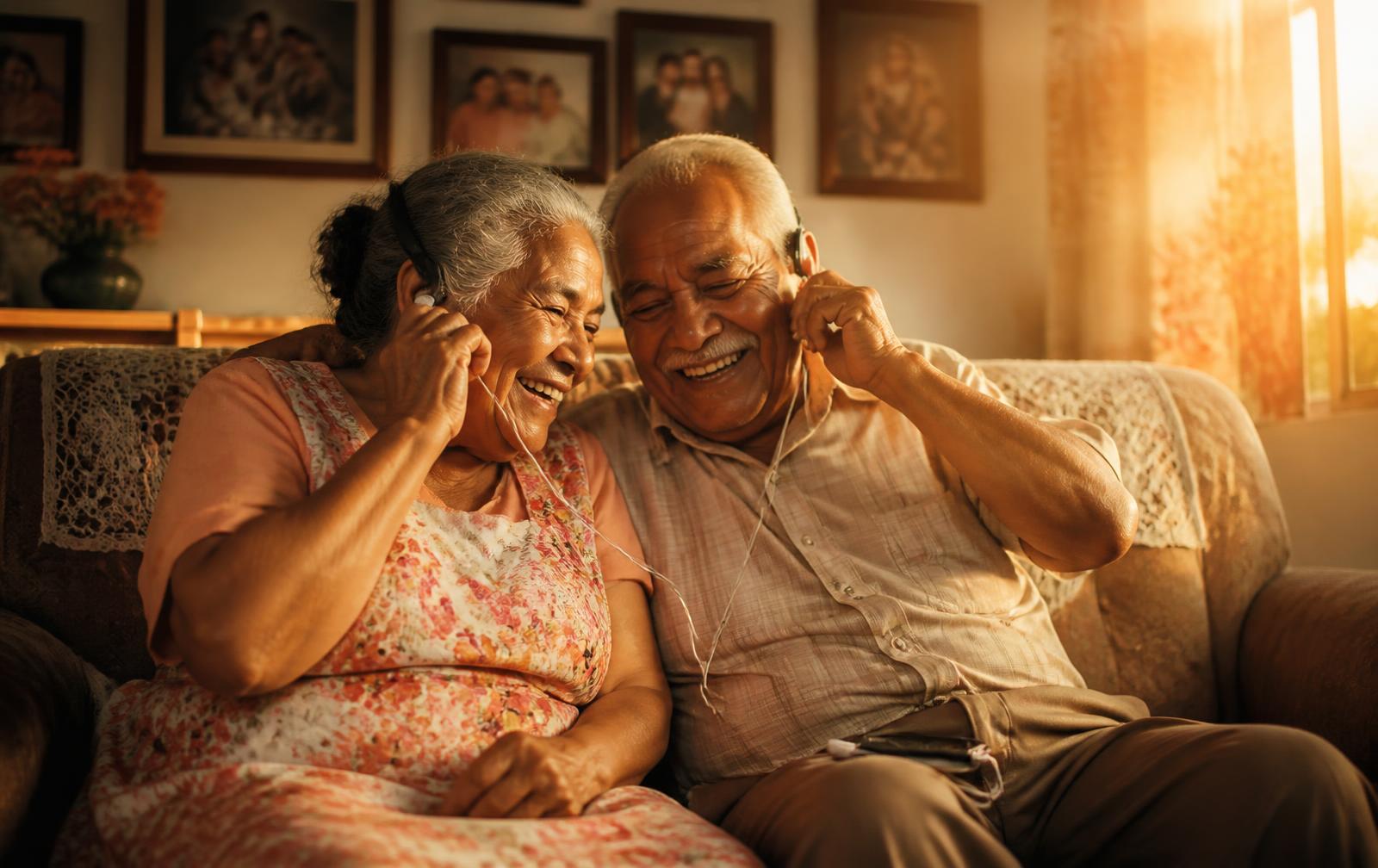 Abuelos mexicanos sonriendo mientras comparten unos audífonos y escuchan su canción personalizada en la sala de su casa.