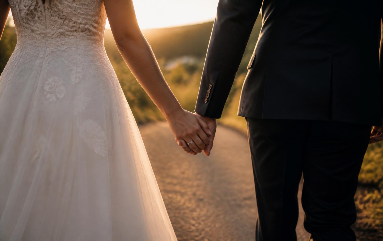 Novios tomados de la mano al atardecer con vestido blanco y traje oscuro — canciones personalizadas para bodas, Melodi.
