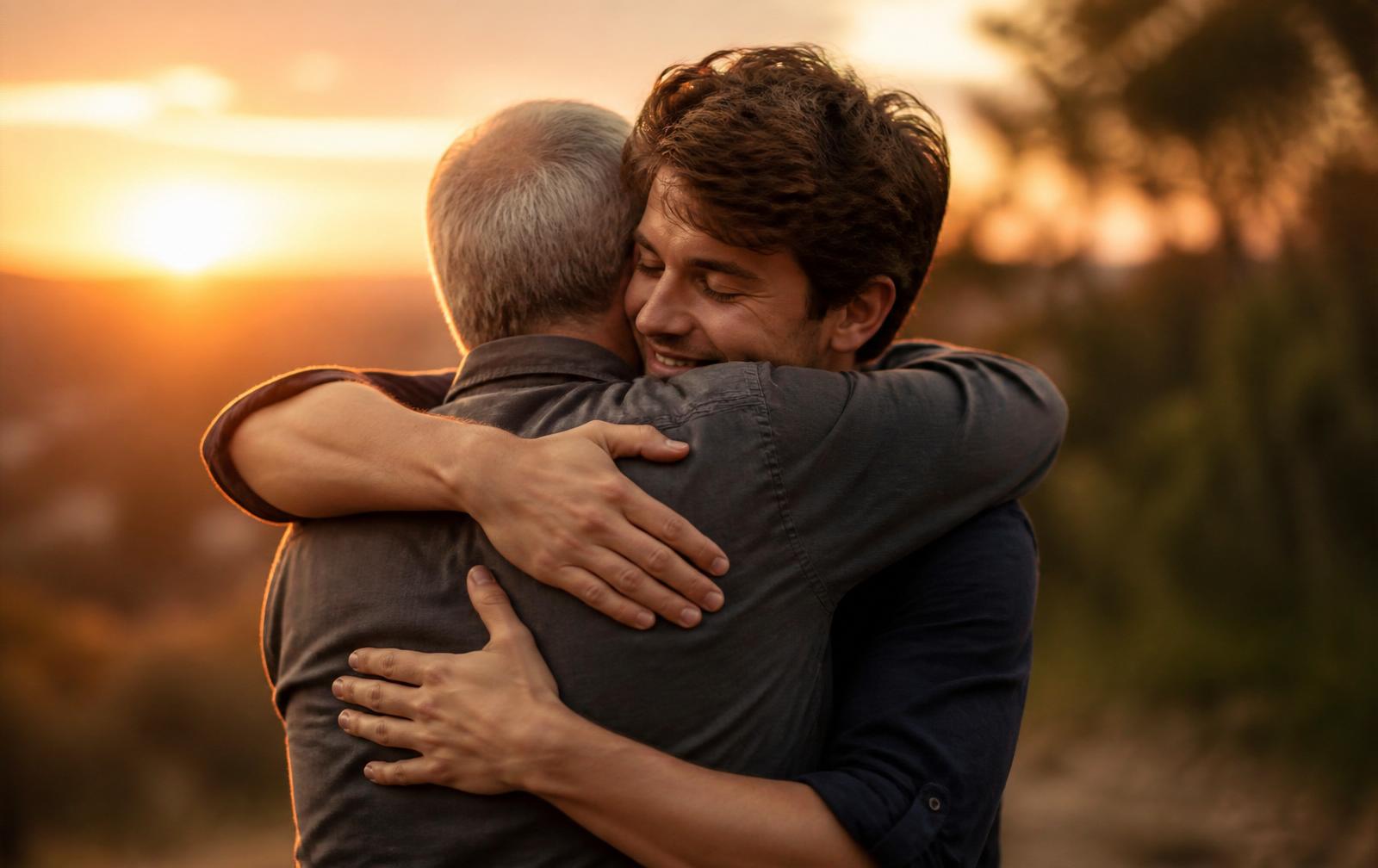 Padre e hijo caminando juntos al atardecer en el campo — canciones personalizadas para papá, Melodi.