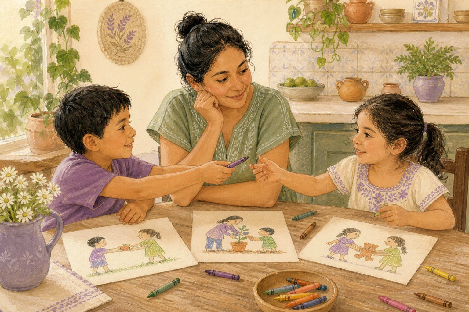 Ilustración de una mamá acompañando a dos niños que comparten crayones y dibujan escenas de ayuda en familia.