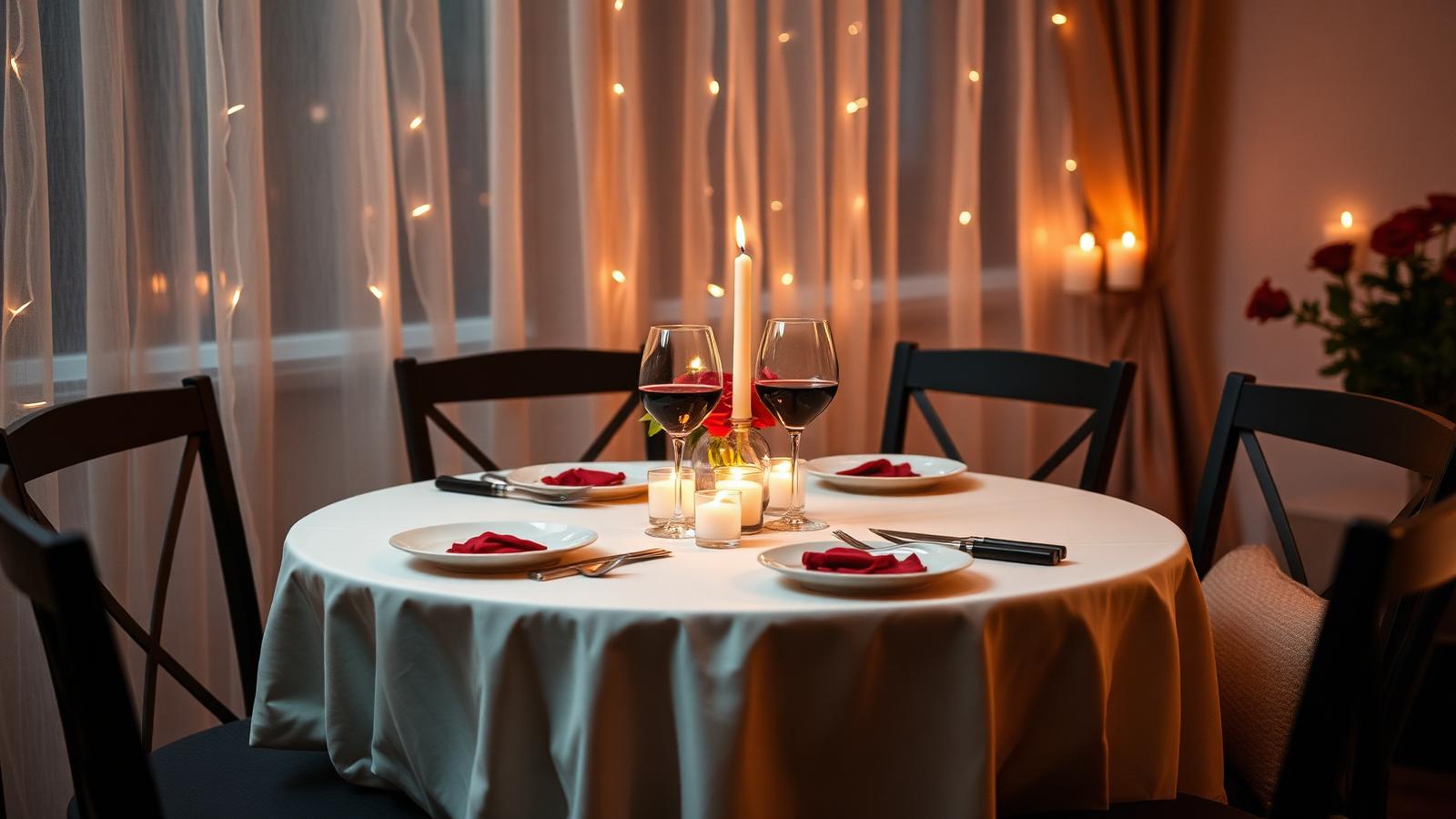 Cena romántica de aniversario con velas encendidas, copas de vino y pétalos de rosa