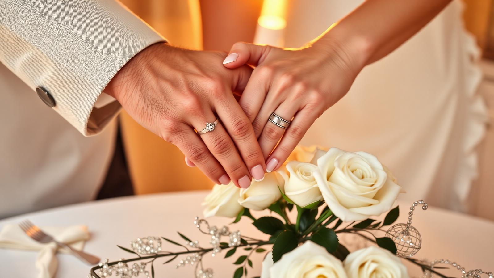 Manos entrelazadas de pareja mostrando anillos de matrimonio junto a rosas blancas en aniversario de plata