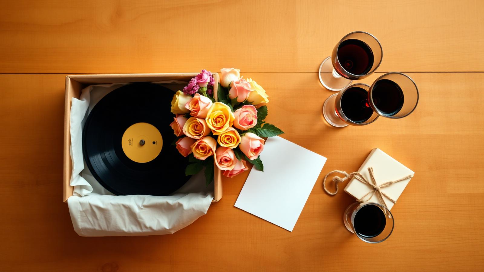 Regalo de aniversario con vinilo, ramo de rosas y dos copas de vino sobre mesa de madera cálida