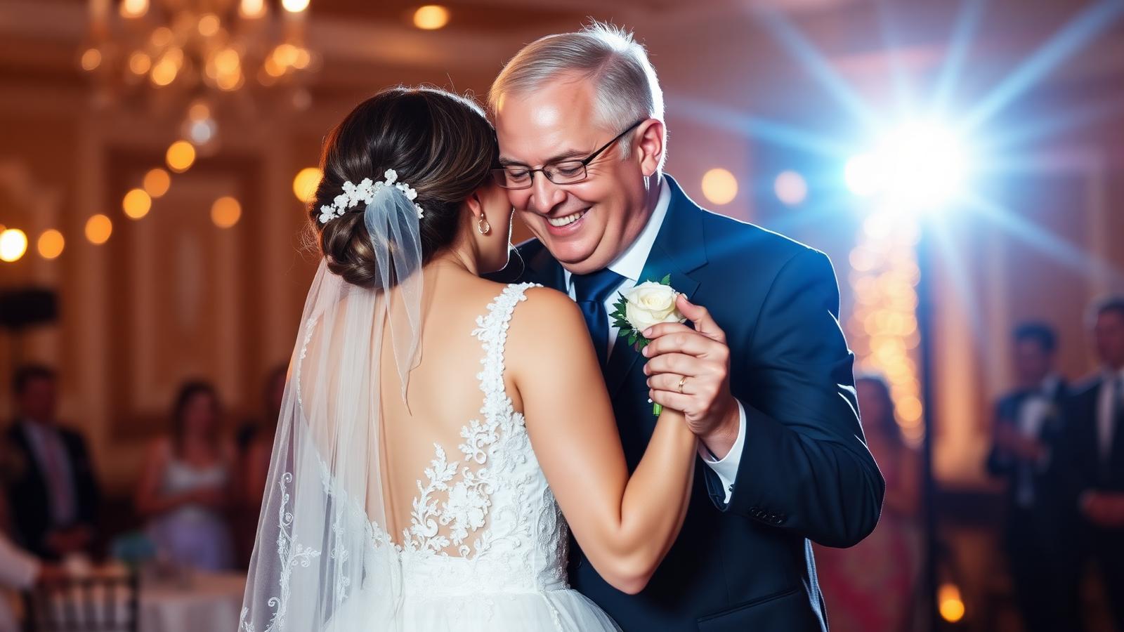 Padre bailando con su hija vestida de novia en una boda elegante con candiles y luces cálidas