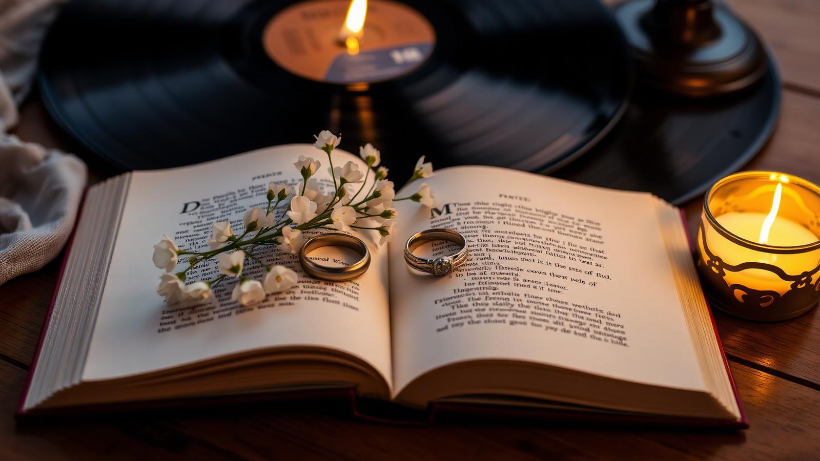 Anillos de boda sobre un libro abierto con flores blancas, vinilo y velas en mesa de madera