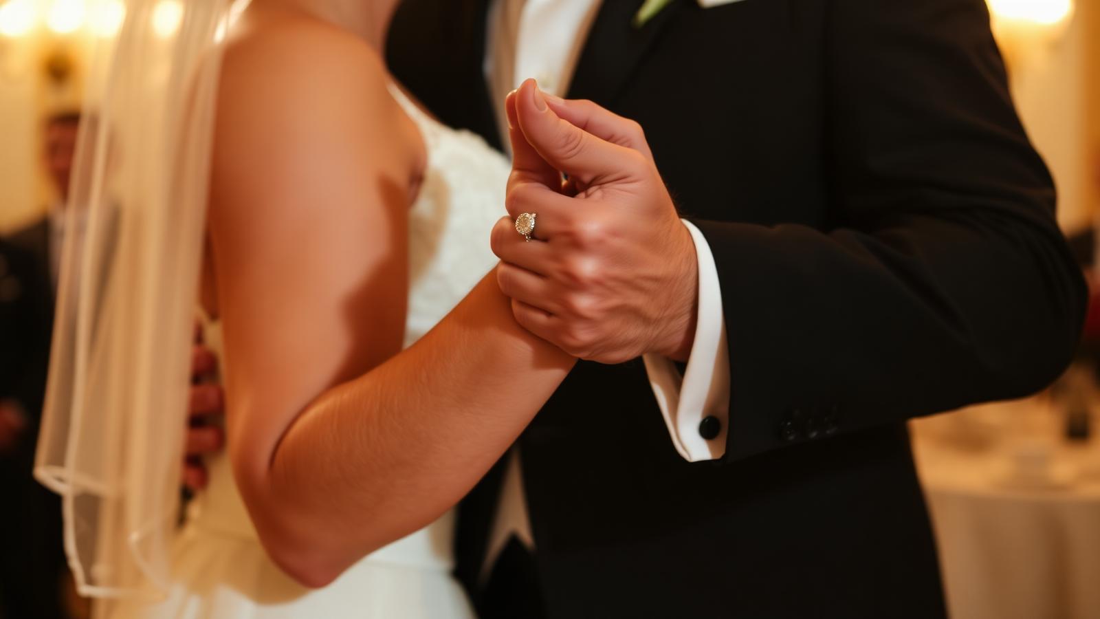 Manos entrelazadas de padre e hija durante el baile en la boda, ella con vestido blanco y él con esmoquin
