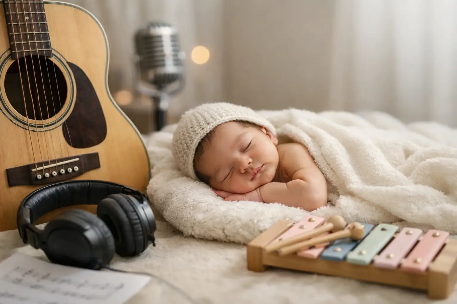Bebé recién nacido dormido junto a una guitarra acústica y equipo musical