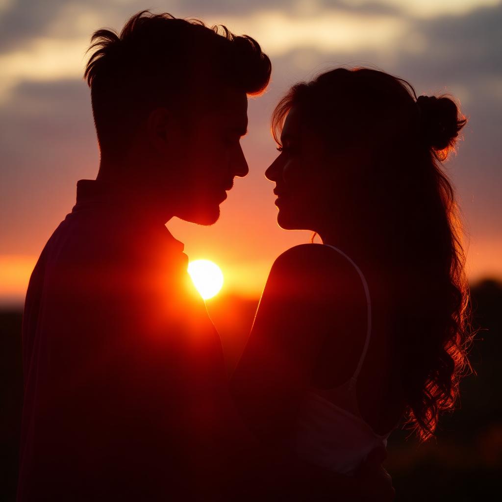 Pareja abrazada de espaldas al atardecer con luz cálida escuchando una canción romántica en español