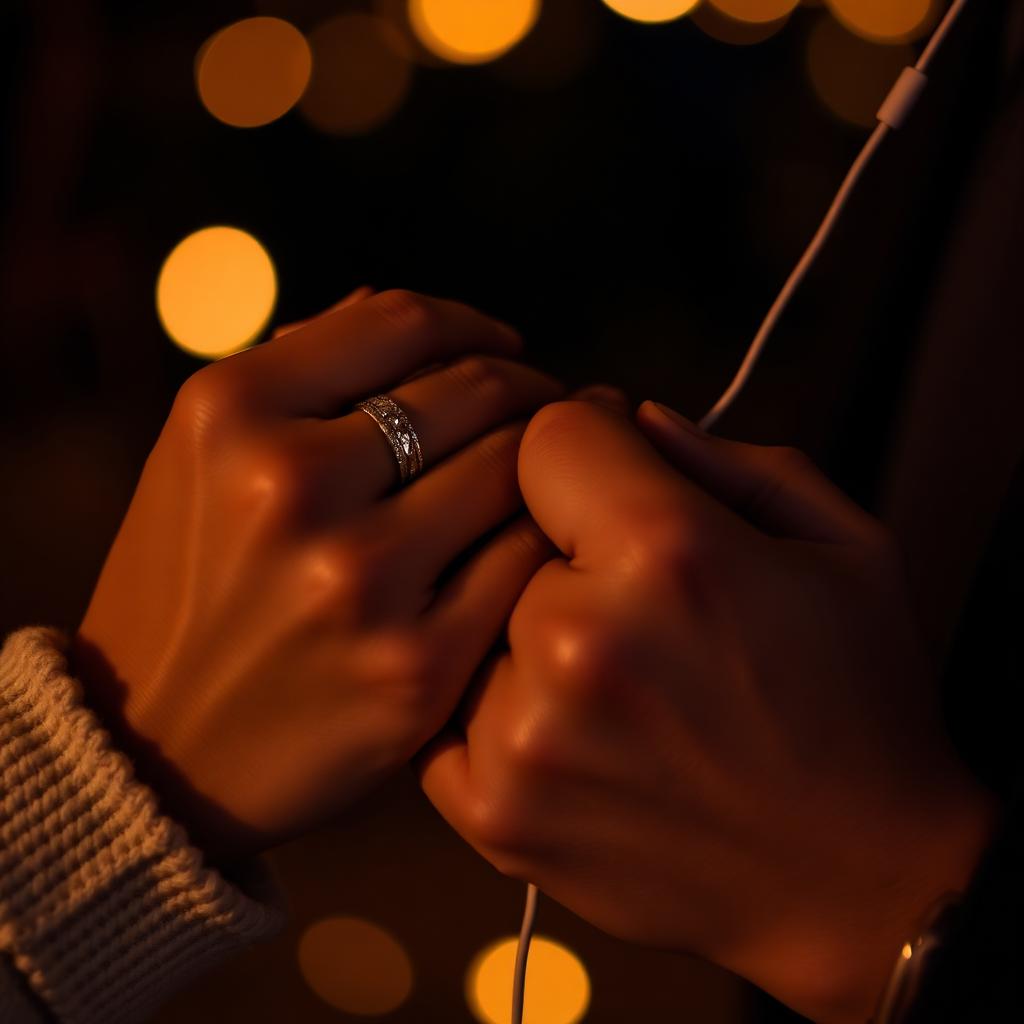 Manos entrelazadas con anillo compartiendo audífonos para escuchar canciones románticas en español