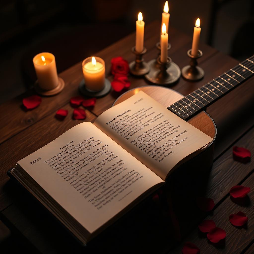 Guitarra española con velas encendidas y libreta con letras de canciones románticas escritas a mano