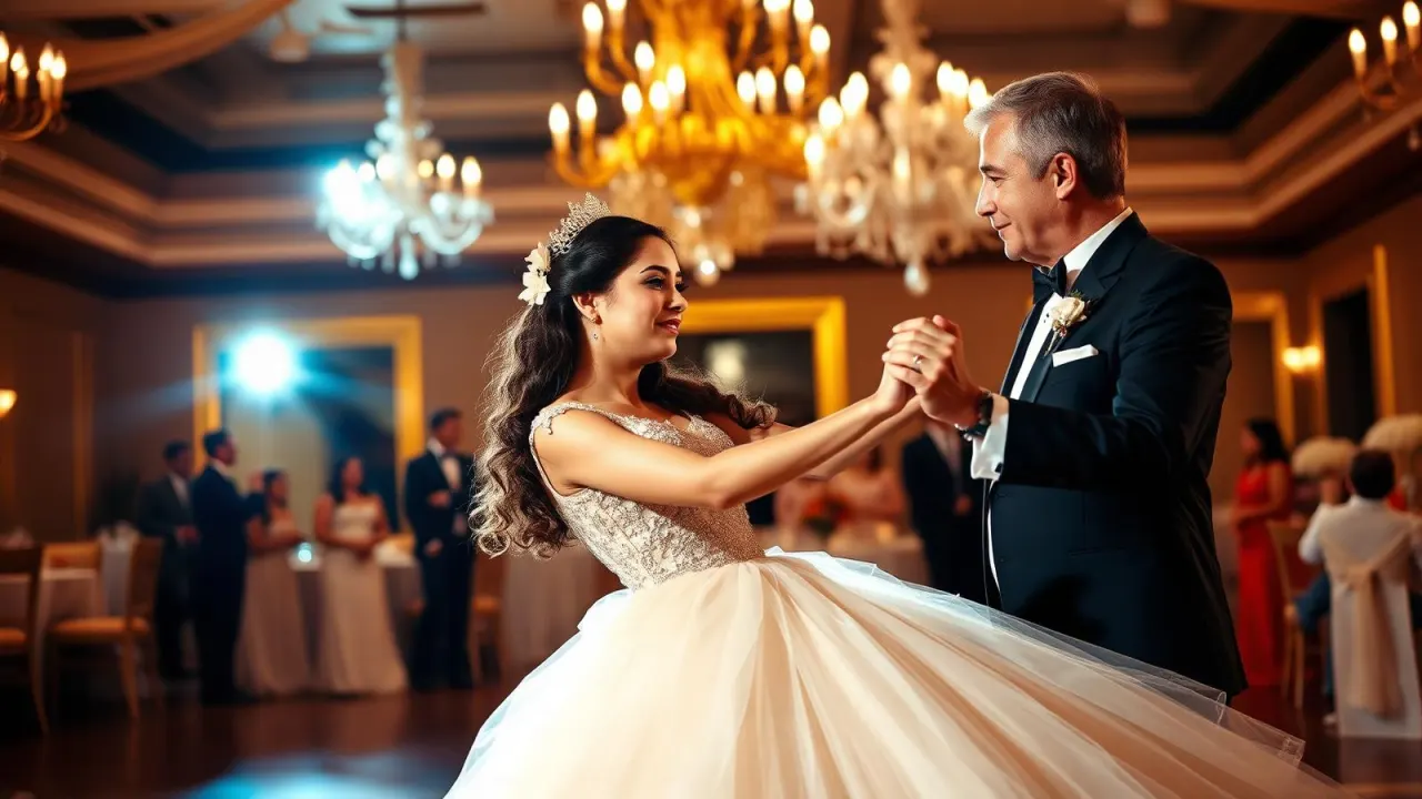 Quinceañera bailando el vals con su papá en un salón elegante con candiles y luz cálida