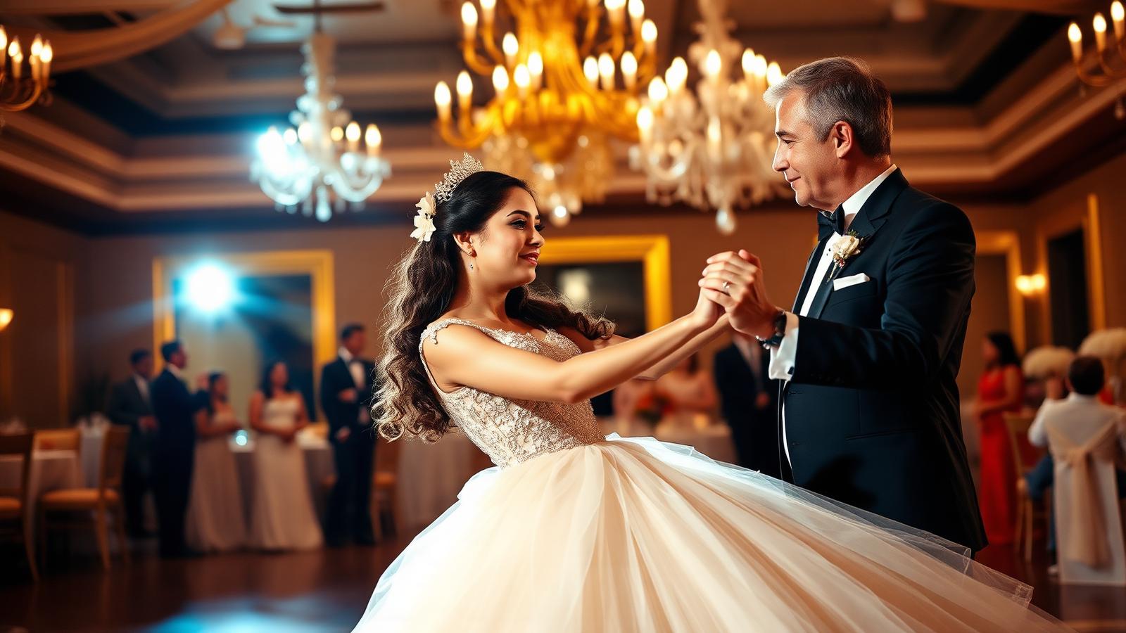 Quinceañera bailando el vals con su papá en un salón elegante con candiles y luz cálida