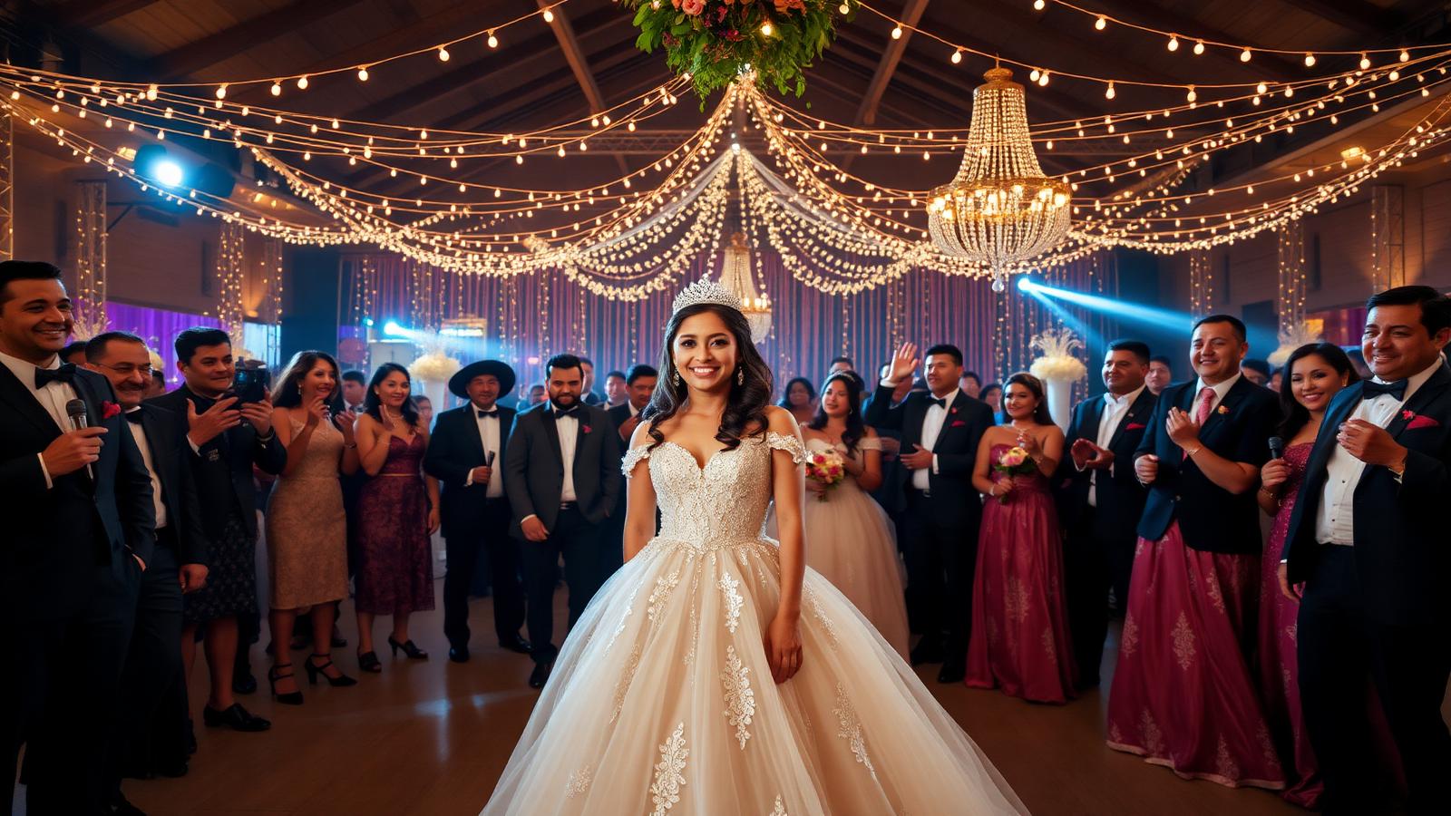 Quinceañera con tiara rodeada de sus chambelanes bajo luces cálidas y guirnaldas