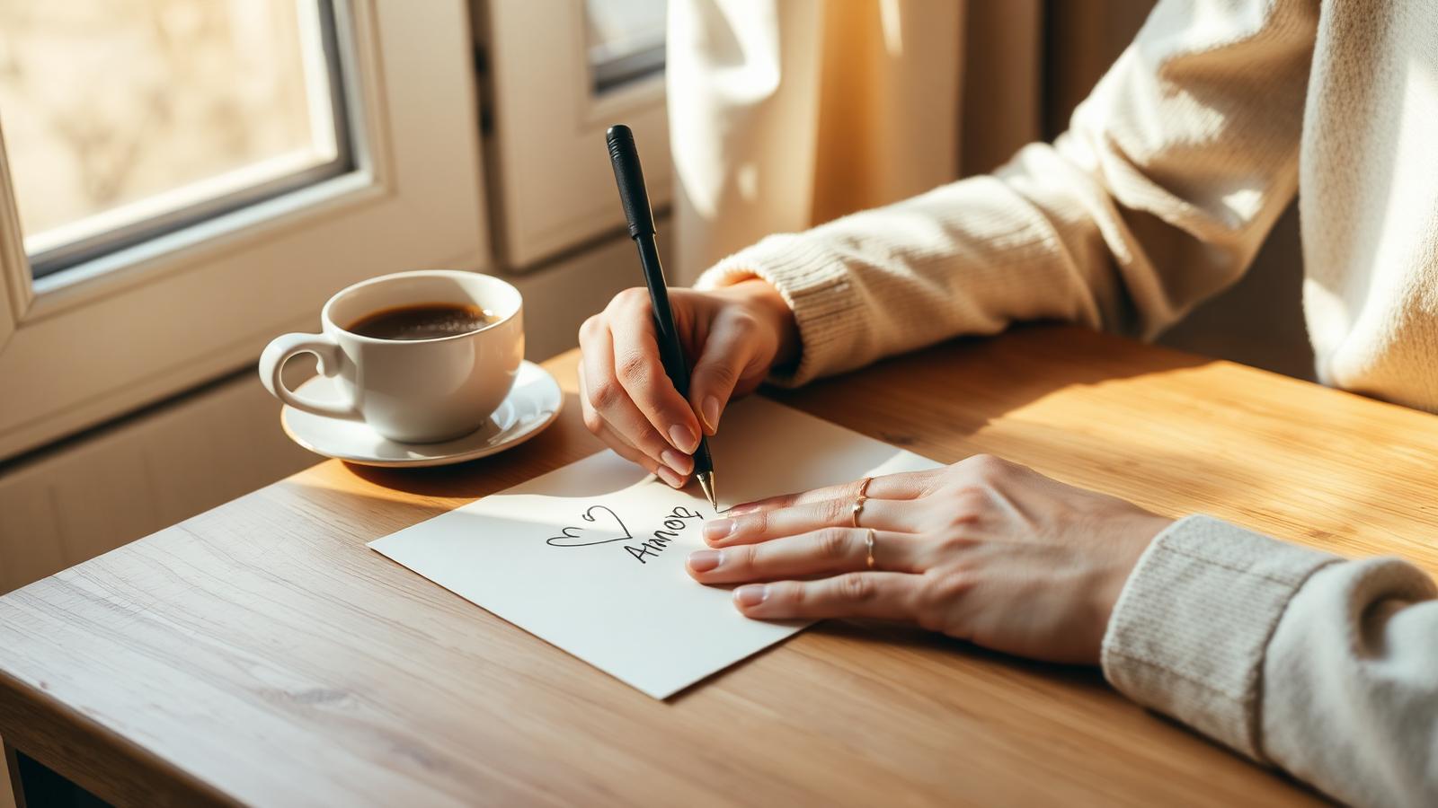 Persona escribiendo una carta de amor a mano sobre papel de calidad, con luz cálida natural