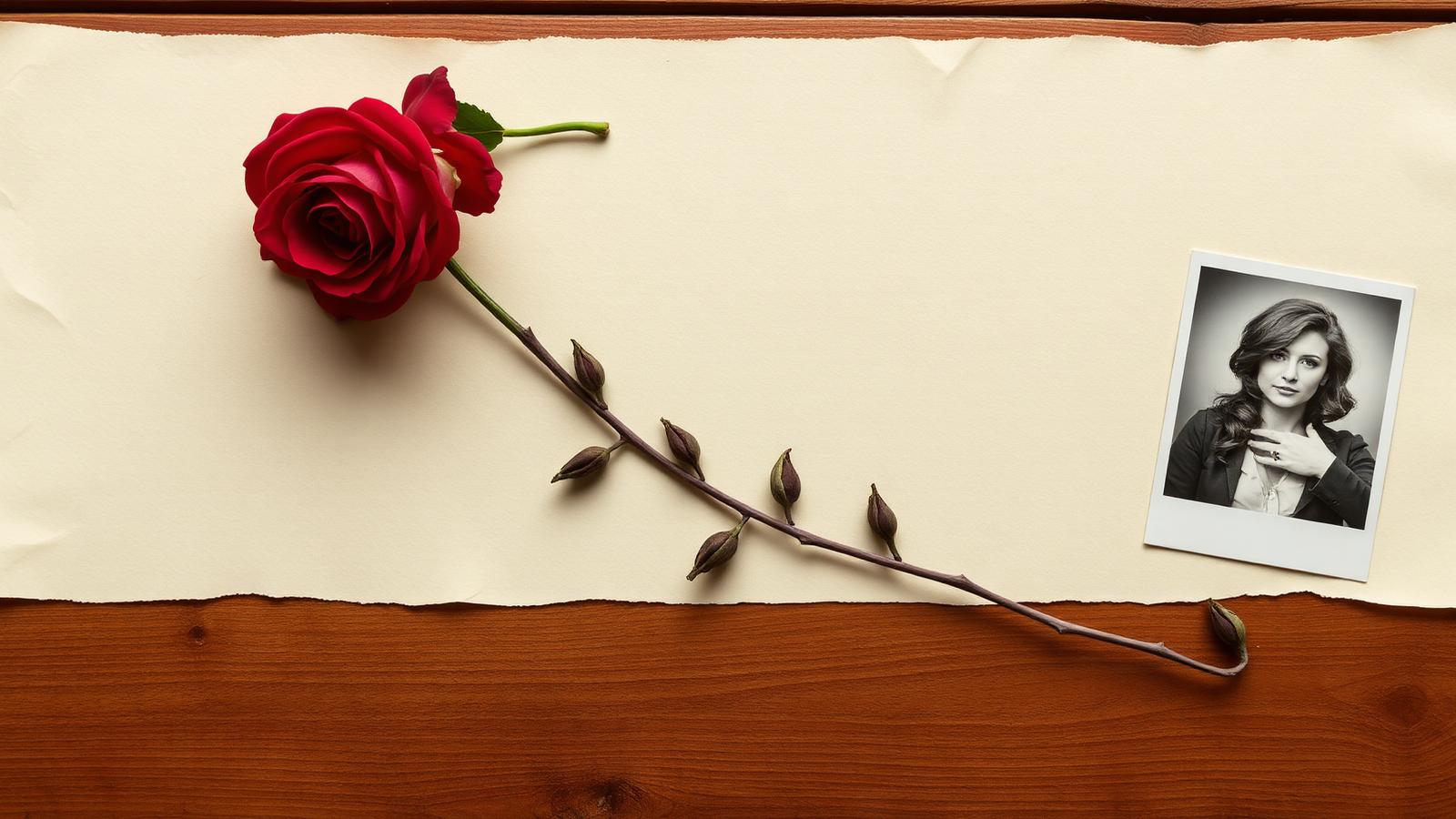 Sobre de papel color crema con una rosa y fotografía sobre mesa de madera rústica
