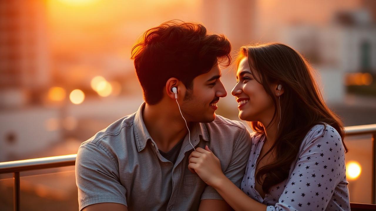 Pareja joven sentada al atardecer compartiendo audífonos y sonriendo mientras escuchan una canción dedicada