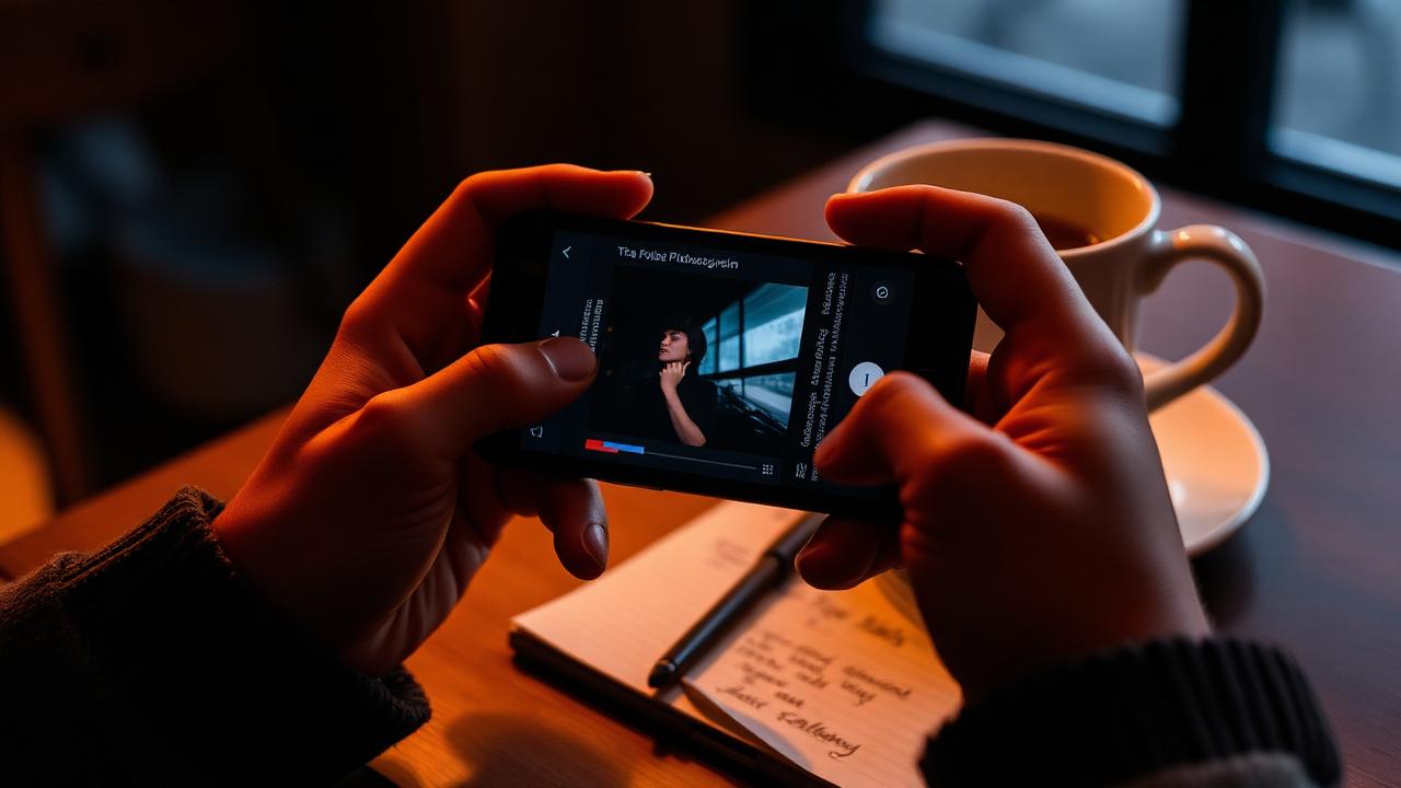 Manos sosteniendo un teléfono mostrando un reproductor de música al lado de una taza de café y una nota escrita a mano