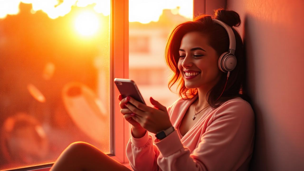 Mujer joven sonriendo mientras escucha con audífonos una canción dedicada, luz cálida de atardecer