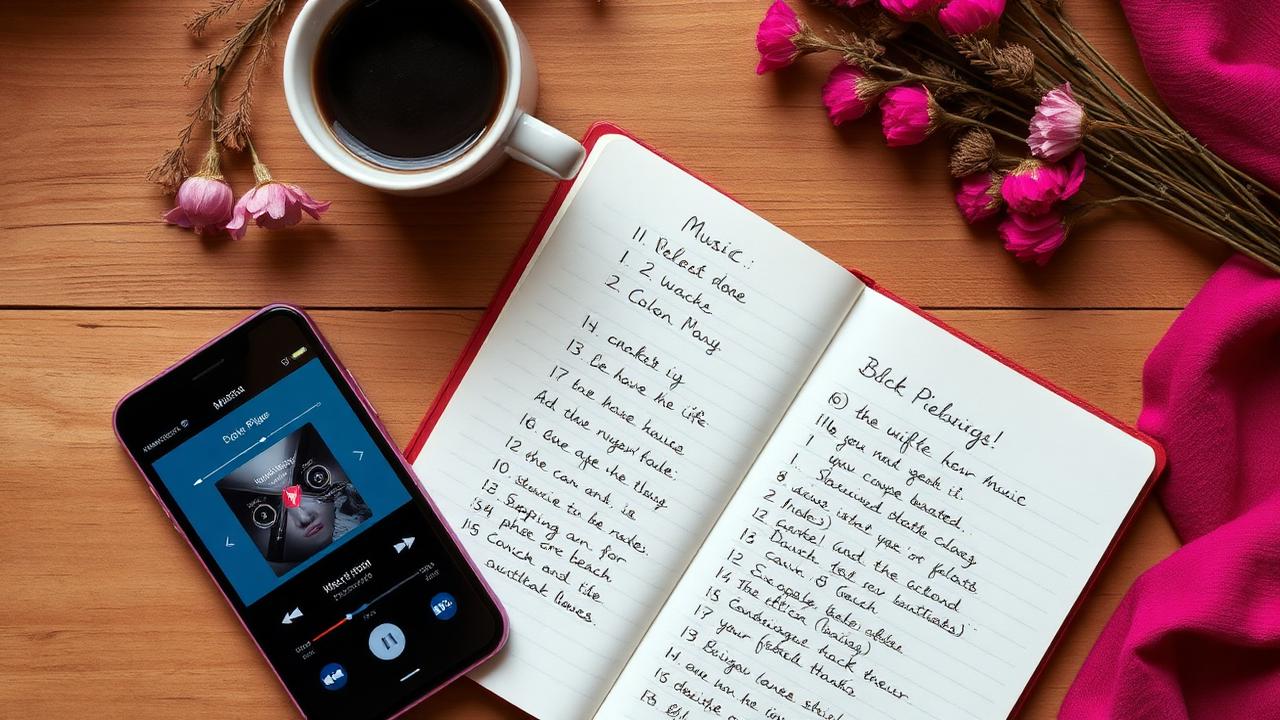 Libreta con una lista de canciones escrita a mano junto a un teléfono con reproductor de música, taza de café y flores secas