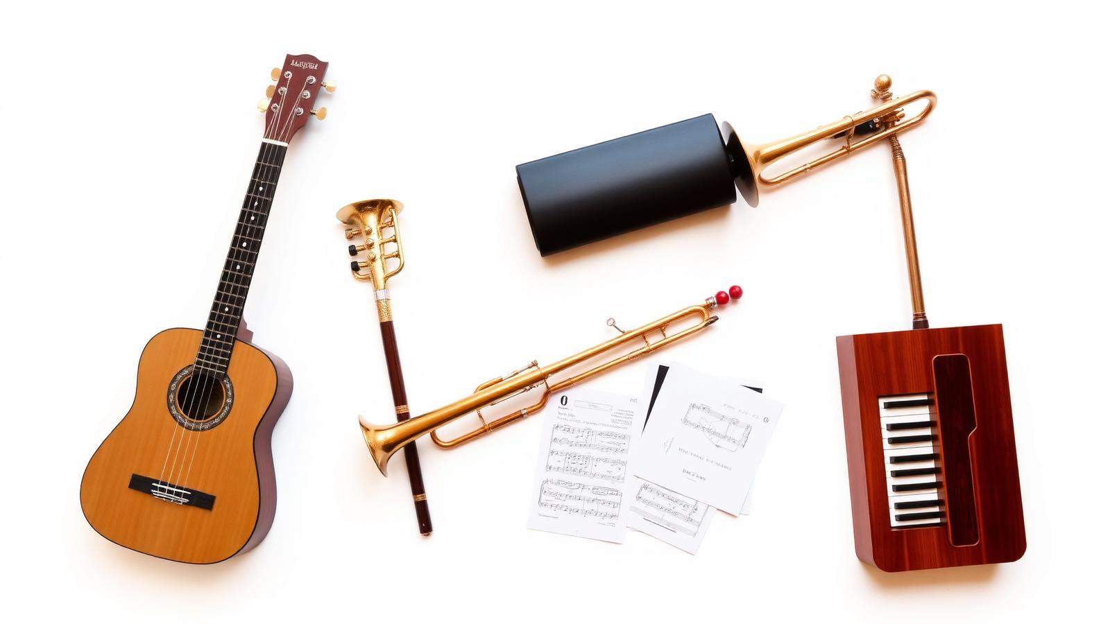 Selección de instrumentos musicales: guitarra acústica, trompeta de mariachi, teclado de piano y partituras