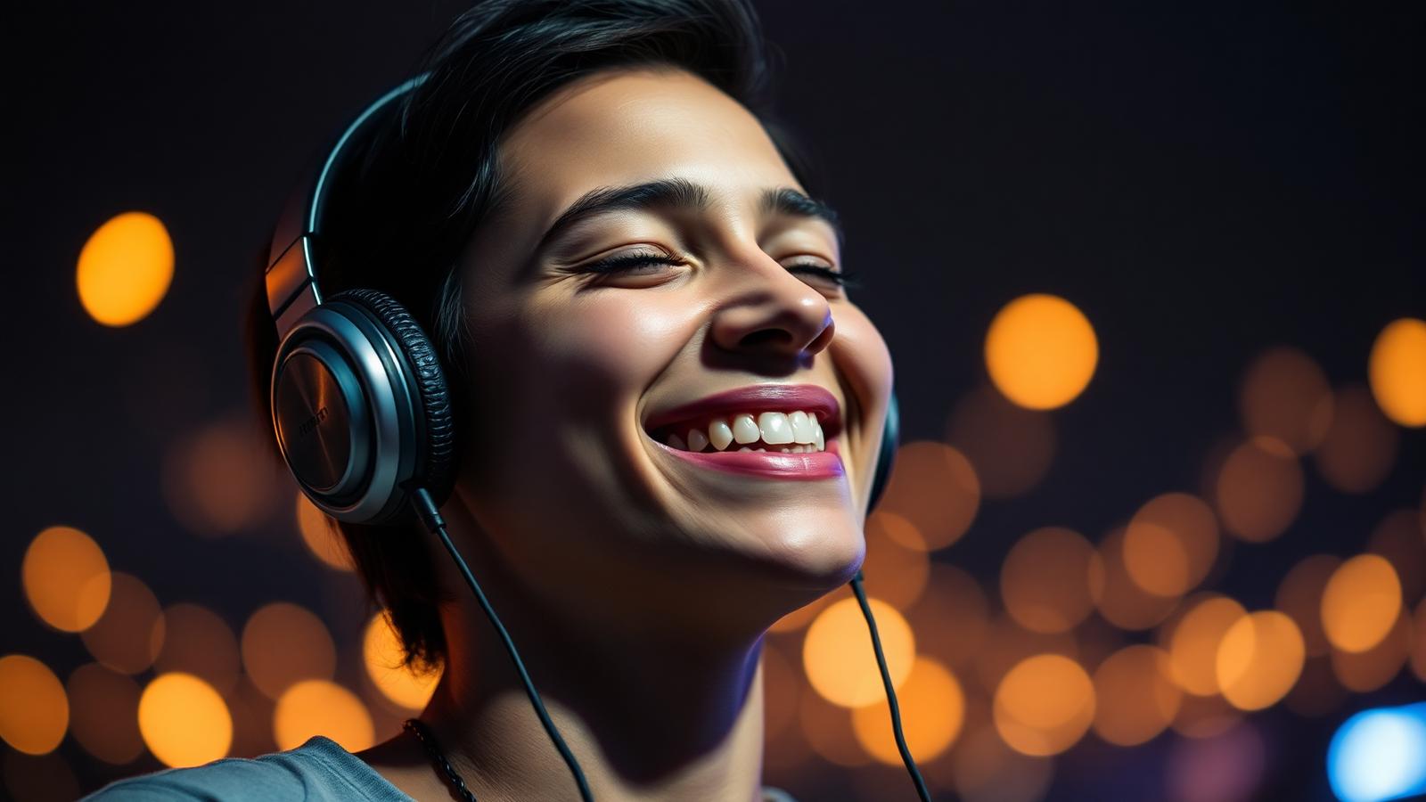 Persona sonriendo mientras escucha música con audífonos, con luces cálidas de fondo
