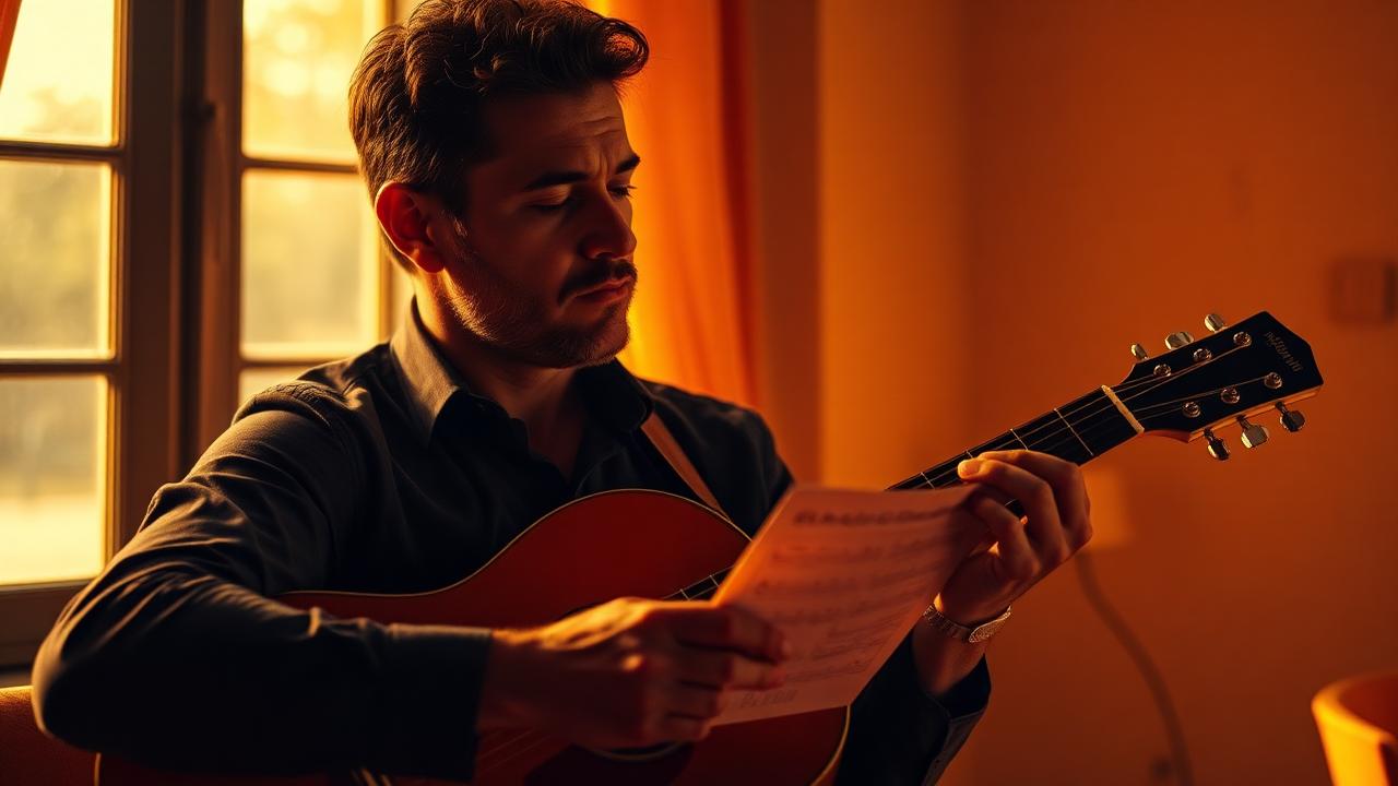 Compositor sosteniendo una guitarra acústica y revisando notas manuscritas para una canción personalizada bajo luz cálida