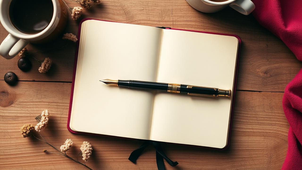 Pluma fuente sobre una libreta en blanco junto a una taza de café y flores secas sobre una mesa de madera con tela magenta