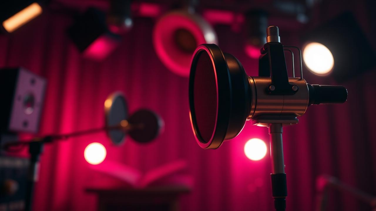 Micrófono profesional con filtro antipop en un estudio de grabación iluminado con luces magenta y ámbar