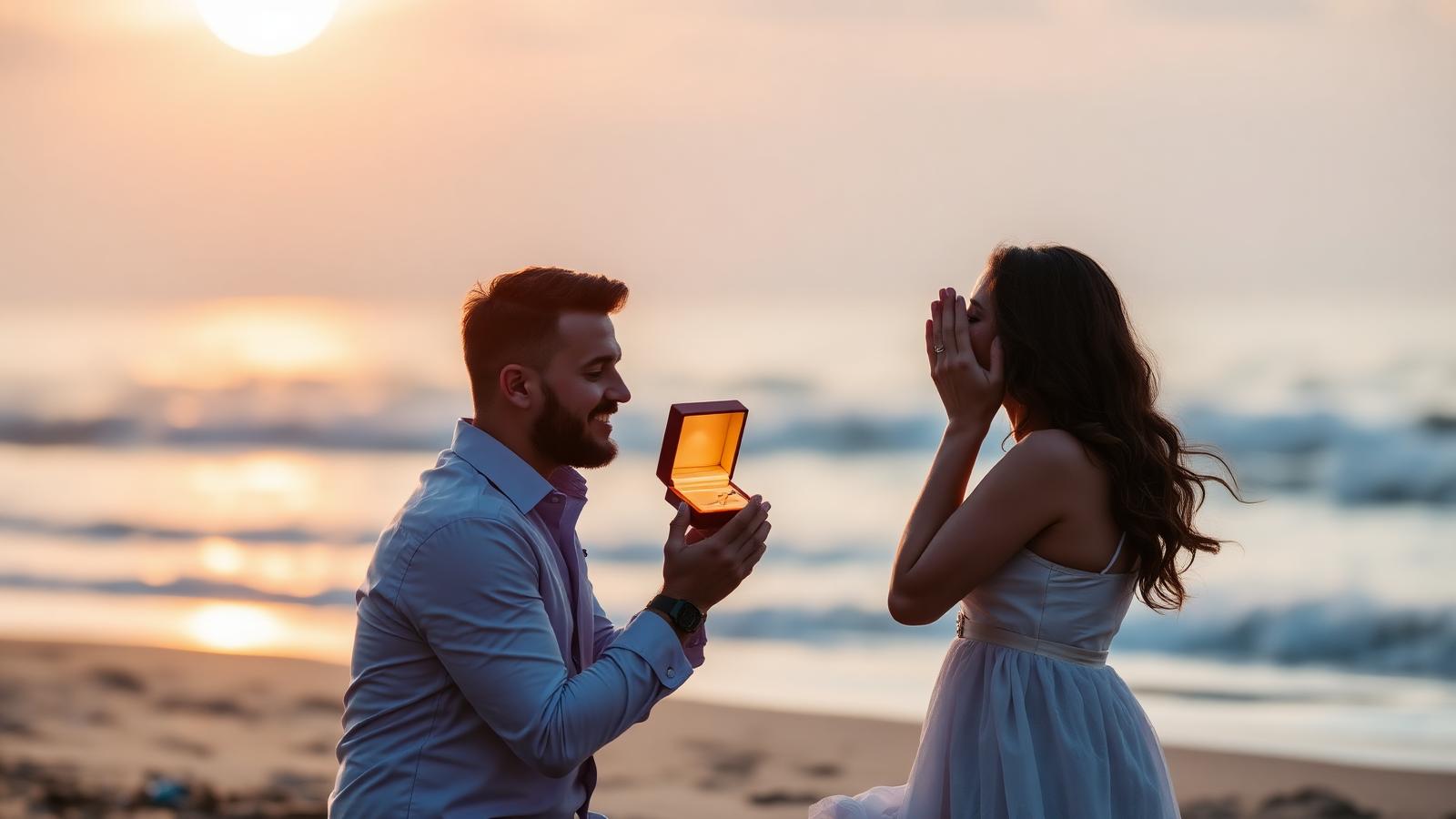 Pareja durante pedida de mano al atardecer en la playa con anillo abierto e ideas creativas para pedir matrimonio