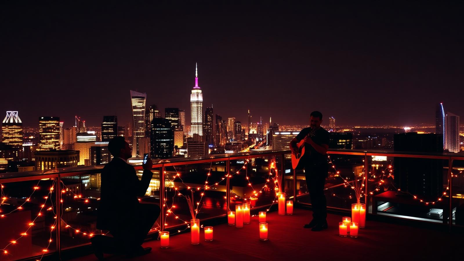 Pedida de mano en rooftop de noche con luces de la ciudad, velas y música en vivo