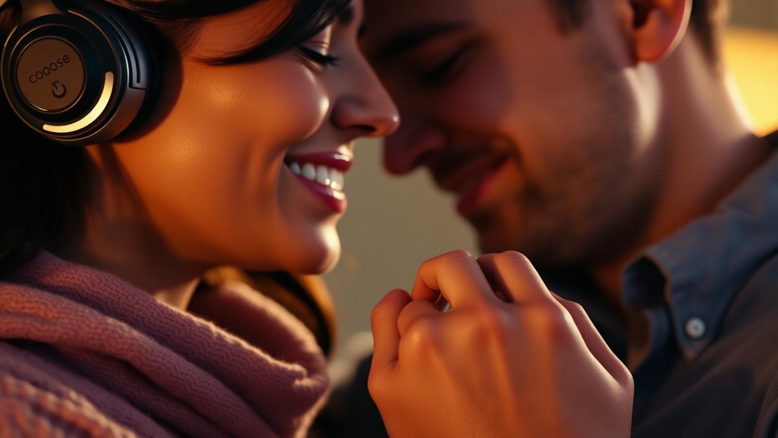 Pareja emocionada con anillo escuchando juntos una canción personalizada como complemento de la pedida de mano