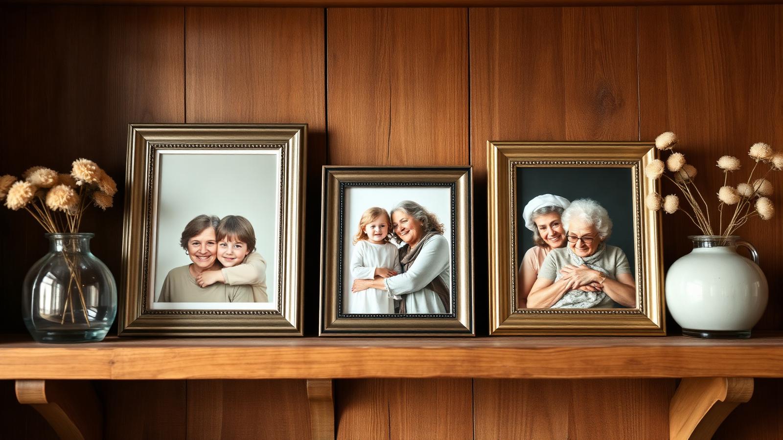 Portarretratos con fotografías de mamá e hijos a lo largo de los años sobre un estante de madera