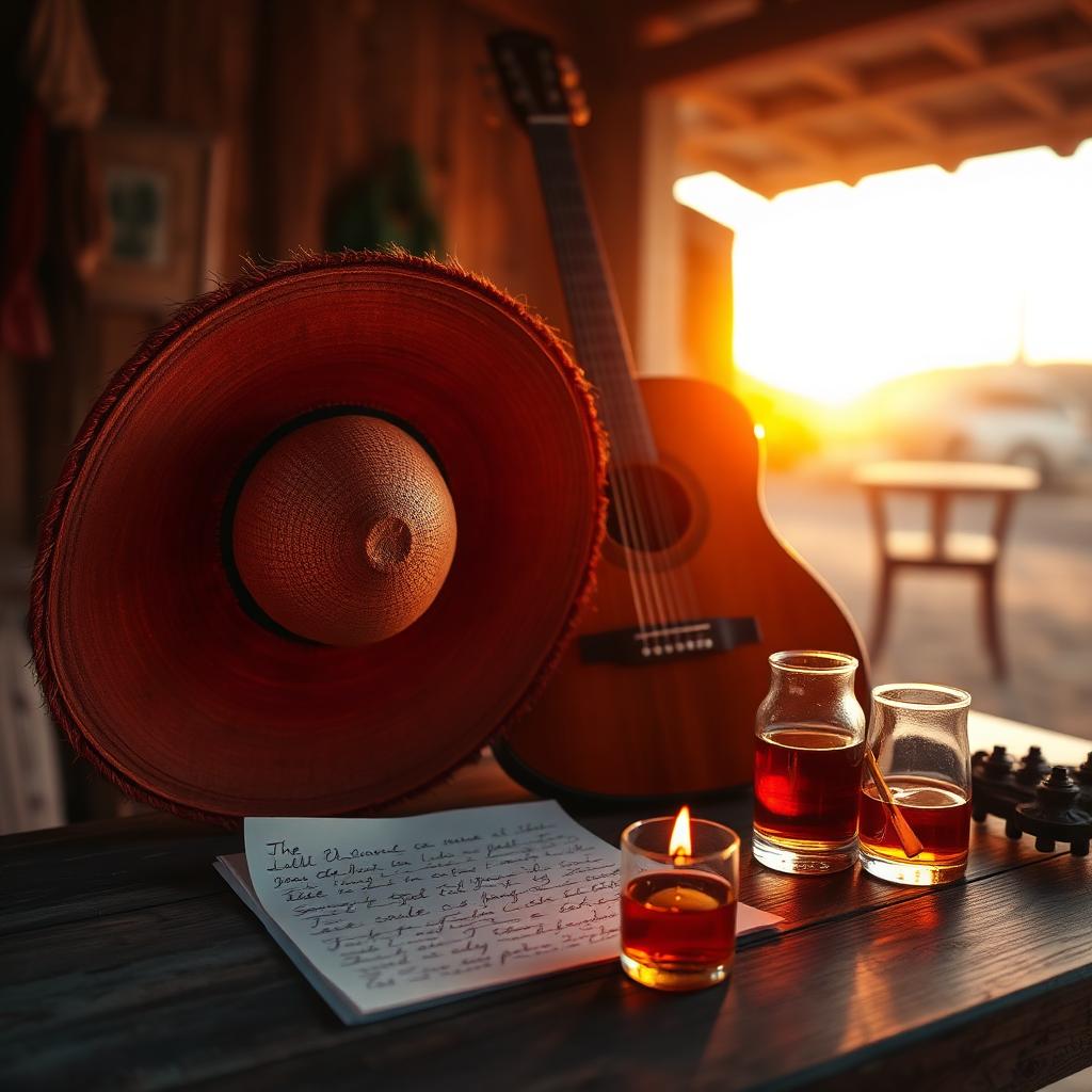 Sombrero charro y guitarra acústica sobre mesa de madera rústica con carta manuscrita, vaso de mezcal y una vela encendida al atardecer