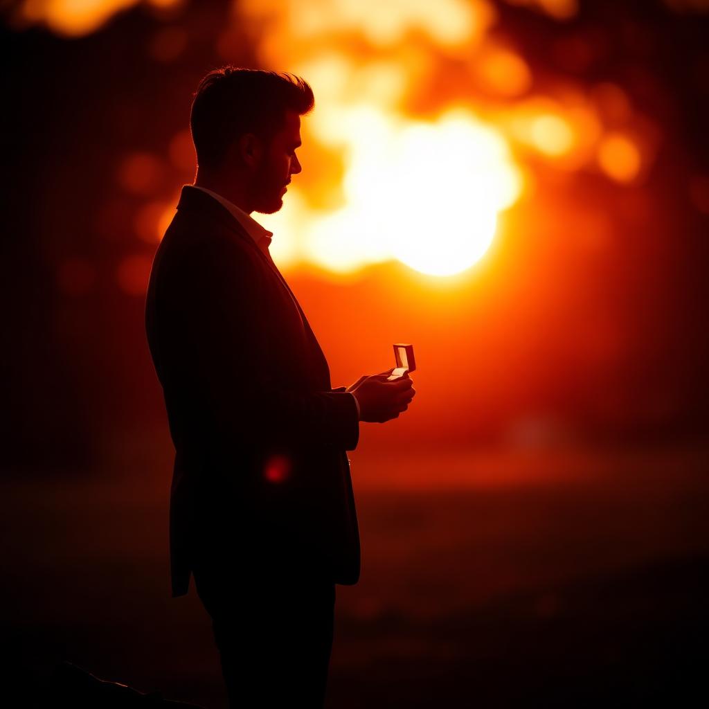 Silueta de un hombre sosteniendo una caja de anillo abierta frente a un atardecer dorado con bokeh cálido