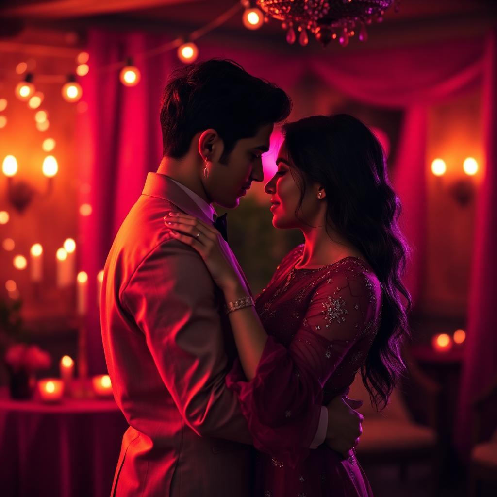 Pareja bailando muy juntos bajo luces cálidas y velas en una sala íntima con acentos magenta
